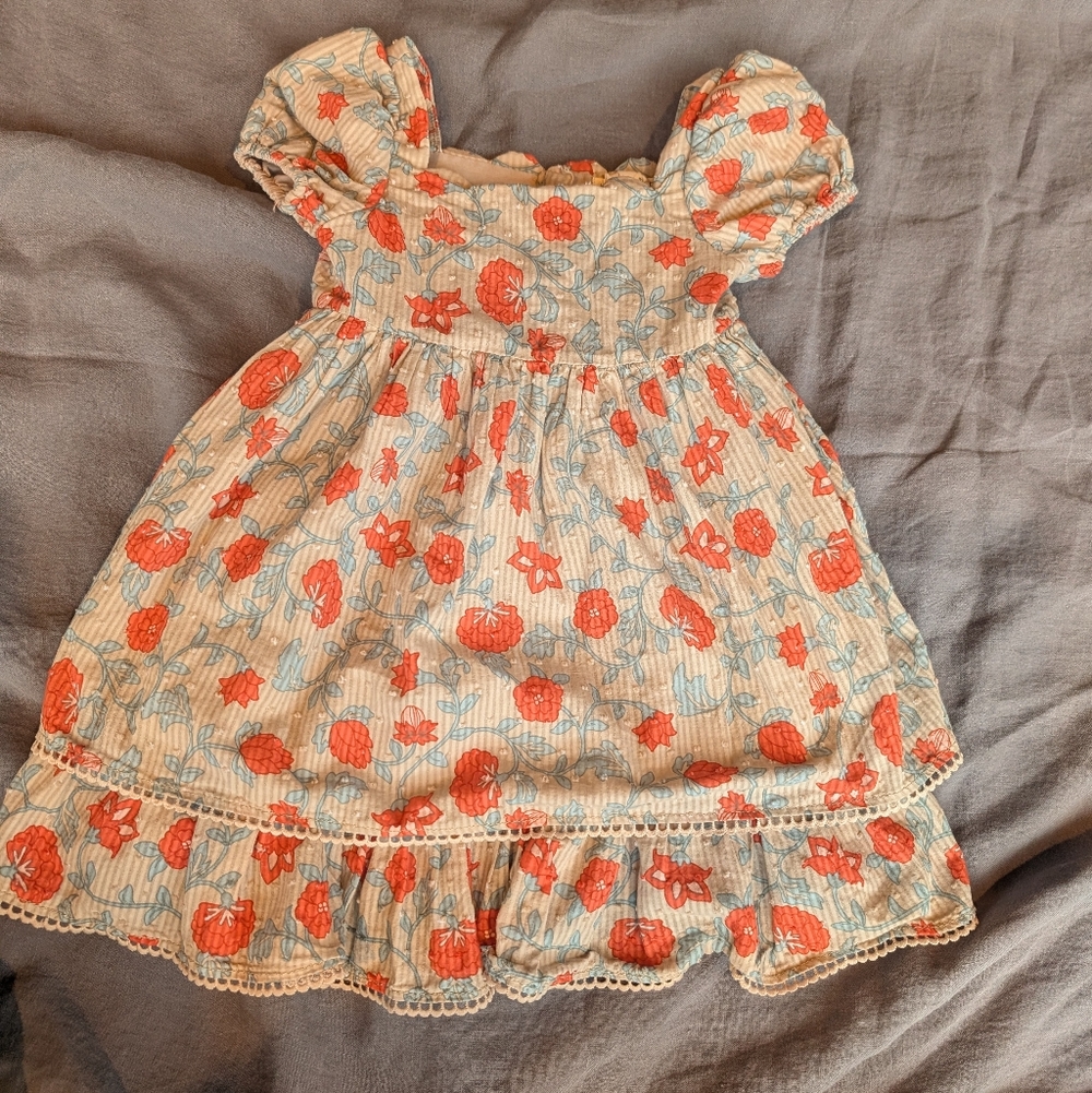 Cream Floral Puff-Sleeve Dress with Orange Print